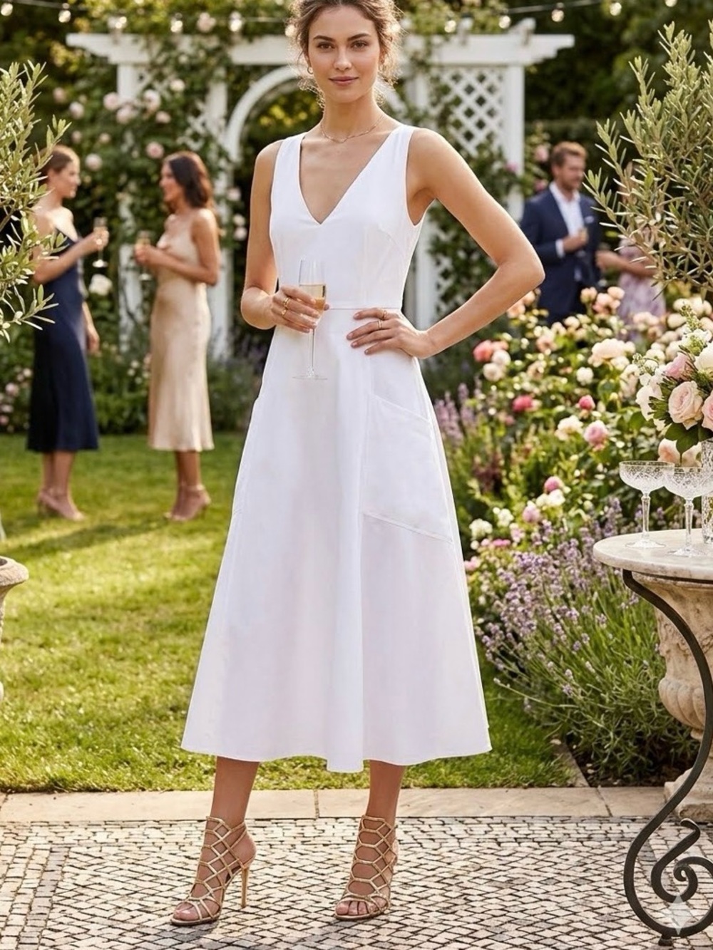 New VINCE Relaxed White Linen Midi Dress Sleeveless V-Neck Pockets XS MSRP $468